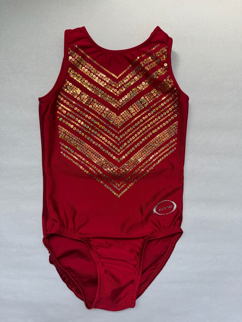 Youth Medium Ozone Brand Red Gymnastics Leotard with Gold Sparkles